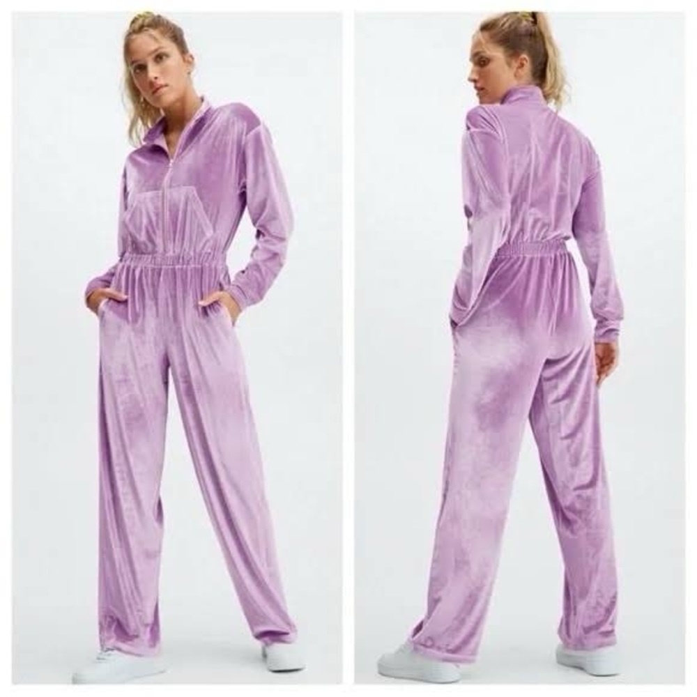 Fabletics lavender wide leg velour jumpsuit